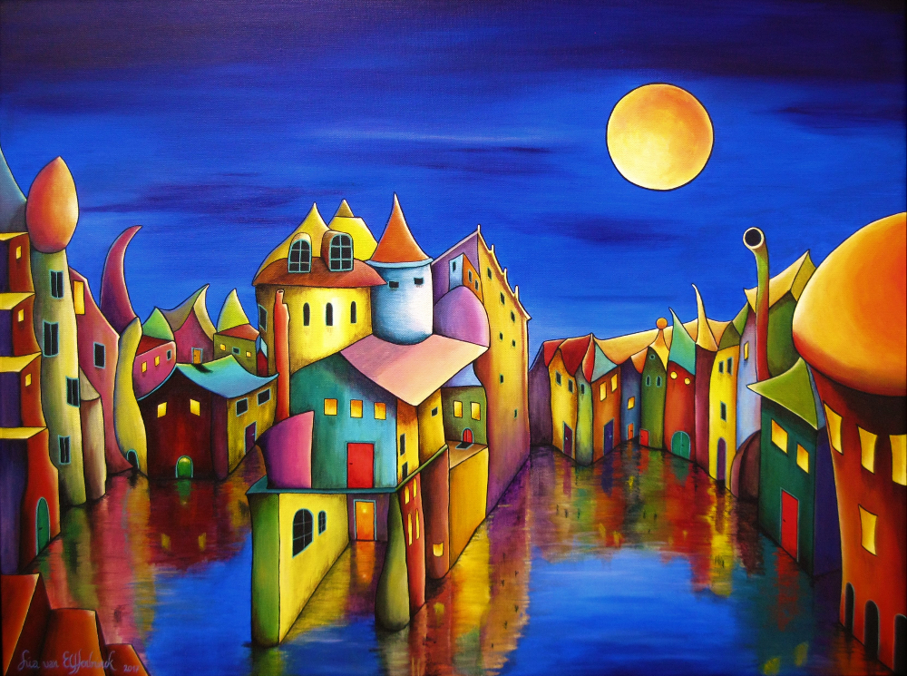 Descend to Safety. Fantasy painting of a village at evening full of colours. The sky is dark blue and the yellow moon is shining on the weird lovely houses which are standing in the water. In some of the houses the light is on. Acrylics on canvas, 80x60cm.