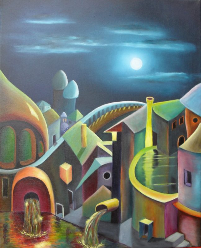 Arabian Nights oil painting by Lia van Elffenbrinck, colourful city at night with moonlight and two towers in the background and a bridge to the horizon.
