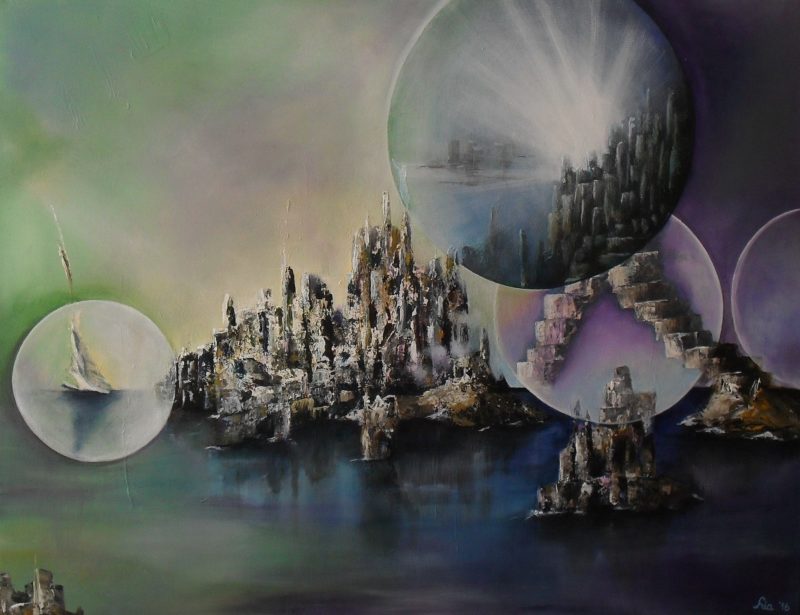 Atlantis resurrected, green purple sky, blue green water, inbetween islands with city resurrected out of the water in the sky and on the water are big air bubbles with cities and a sailboat in it. Some big stairs are coming out of the bubbles reaching to the Islands. Acrylics on canvas. 90x70cm. Lia van Elffenbrinck artist