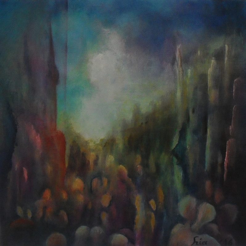 For Annett colorful abstract painting of many people in a busy street inbetween of high buildings and rocks on canvasboard 25x25cm. by Lia van Elffenbrinck