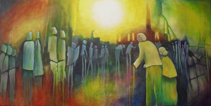 Going to Church Colourful abstract painting about an older man and his wife and many others on a sunday morning on their way to church. The sun is shining very bright above the church.on canvas 100x50cm. by Lia van Elffenbrinck