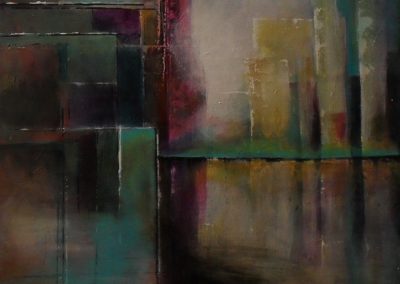 Horizon, colourful abstract angular painting with lines and shapes you can see a turquoise horizon in front of high buildings 40x50cm. by Lia van Elffenbrinck