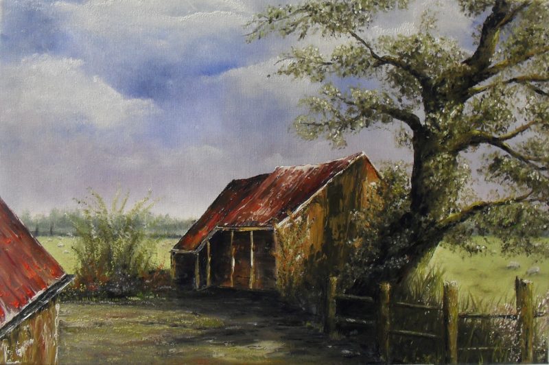 In Drenthe, oil painting on canvas, about the living in the environment I grew up. Happy blue sky with white clouds. Old ocker barn with a sienna roof, big blooming tree in the foreground and some sheeps behind a wooden fence60x40cm. by Lia van Elffenbrinck painter