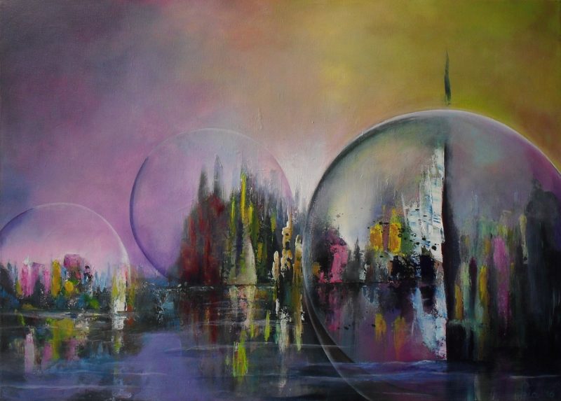 Living in a bubble, purple and yellow sky behind the purple water. Inbetween you see a few air bubbles containing fantasy cities, colourful abstract acrylic painting 70x50cm. by lia van elffenbrinck artist