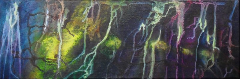 No one can feel the Rain but you. Colourful raindrops rolling down. Abstract painting on canvas 60x20cm. by Lia van Elffenbrinck artist