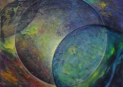 Blue Moon. Abstract textured painting of a moon and some planets by Lia van Elffenbrinck artist