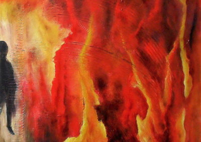 Fire of Life abstract painting red and yellow fire all over the canvas, black shadow on the left is watching, 60x80cm. by Lia van Elffenbrinck artist