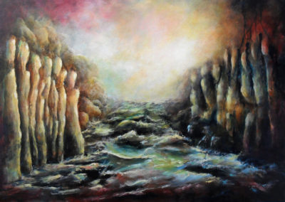 Abstract painting about people who can not reach eachother, but find the other side very attractive. Inbetween is a wild river with rocks, 70x50cm. made by Lia van Elffenbrinck