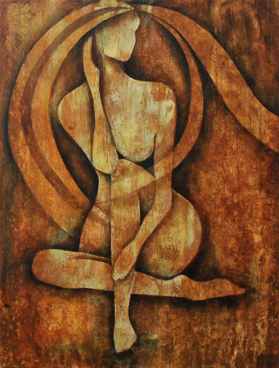 Precarious painting of a nude female figure on canvas 30x40cm. The colours are brown sienna and yellow. The woman is sitting on the ground. Her hair is very long and makes shades on her body. Lia van elffenbrinck