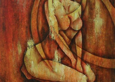 Curious Figurative painting of a nude female figure on canvas 30x40cm. The colours are red, yellow ocker and brown. The woman is sitting on the ground on her knees. She is looking up and she is curious of what might come. Her hair is long like big waves in the painting and on her body.