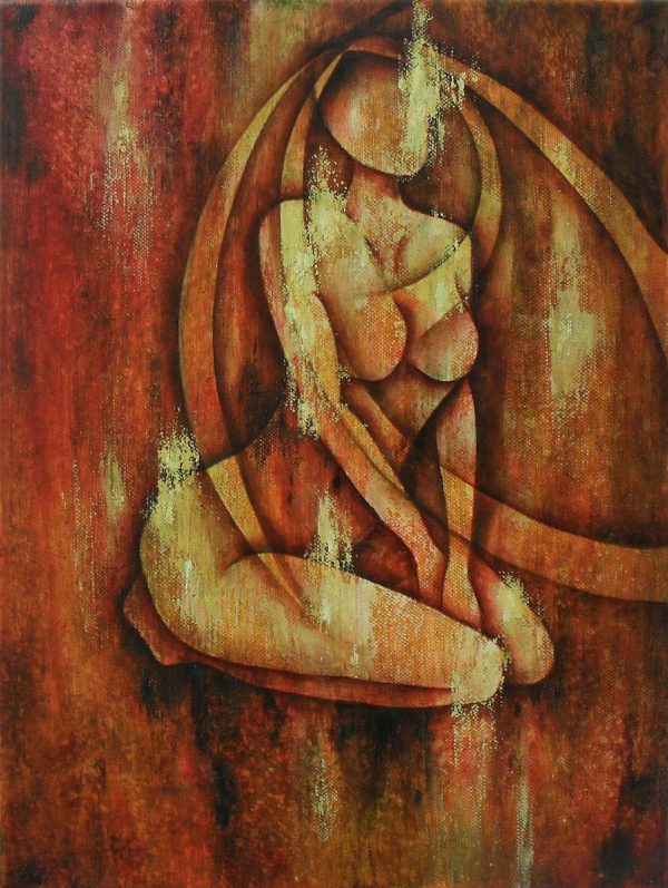 Curious Figurative painting of a nude female figure on canvas 30x40cm. The colours are red, yellow ocker and brown. The woman is sitting on the ground on her knees. She is looking up and she is curious of what might come. Her hair is long like big waves in the painting and on her body.