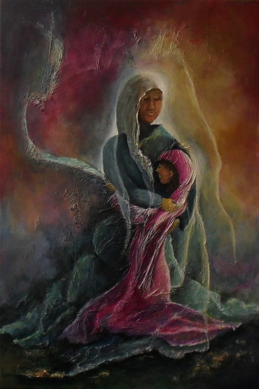 Safe and Sound figurative painting of a madonna with a child in her arms. The colours are pink grey and yellow. You see some silhouettes of hidden figures, canvas 40x60cm. by Lia van Elffenbrinck