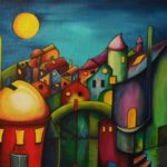 Silence on an Sunday Morning fantasy painting of a city in all colours, dark blue sky with a yellow moon. The houses have different colours and shapes, it is as if they are looking at you, on canvas 50x40cm. by Lia van Elffenbrinck