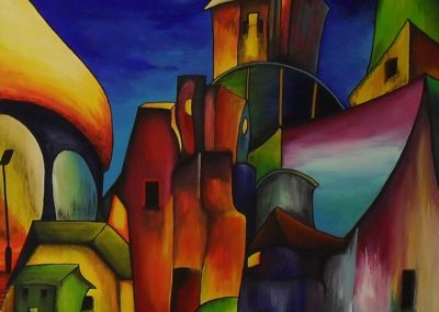 Confused City. Gouache painting of a colourful city at night with a full yellow moon shining on the roofs. In the front there is water and a bridge. The colours of the buildings are reflecting in the water. canvas 50x70cm. by Lia van Elffenbrinck
