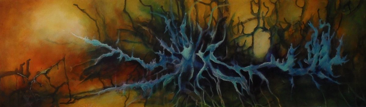 The Brain? abstract colourful painting showing dendrites or axons in the central nerve system acrylics on canvas 100x30cm. by Lia van Elffenbrinck