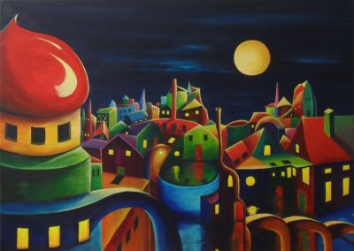 The Glow of Evening Fantasy painting of a village at night full of colours. The sky is dark blue and the yellow moon is shining on the weird lovely city. The big tower on the left with it's red roof looks like a tea pot, in the front there is water with a yellow brown bridge, Canvas 70x50cm. by Lia van Elffenbrinck