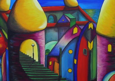 The Towers. Gouache painting on canvas of a colourful castle with four purple towers with yellow roofs and big green brown stairs leading into one of the towers. By Lia van Elffenbrinck artist.