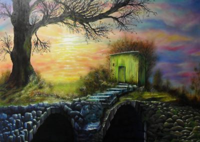 Golden Hour, Oil painting of a big tree in front of colourful sunset with two black tunnels in the front, a stair of stones leads to a yellow green barn by lia van elffenbrink artist