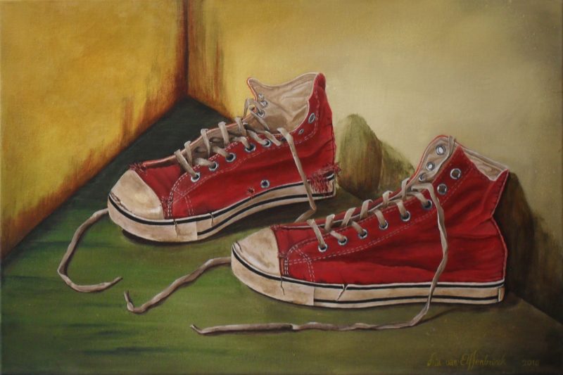 Took off my old Shoes to walk on a new Path Realistic painting of a pair of old worn out red shoes with long sleeves, canvas 60x40cm. by Lia van Elffenbrinck