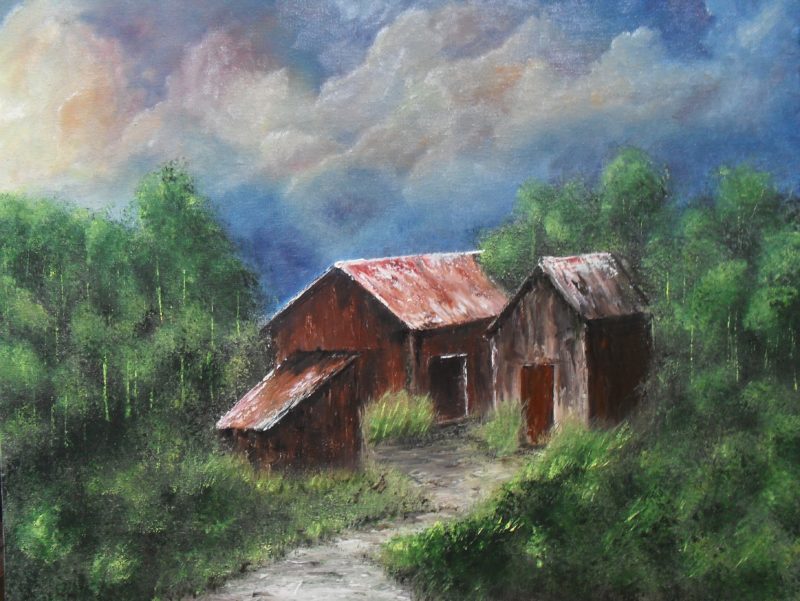 Home, oil painting on canvas inspired by Bill Alexander, Stormy clouds, red barn, green forest, little sand path, 50x40cm by Liavan Elffenbrinck