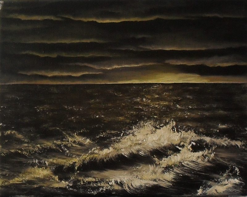 Water Water Everywhere oil painting on black canvas 30x24cm. Sea Shore in brown and yellow by Lia van Elffenbrinck