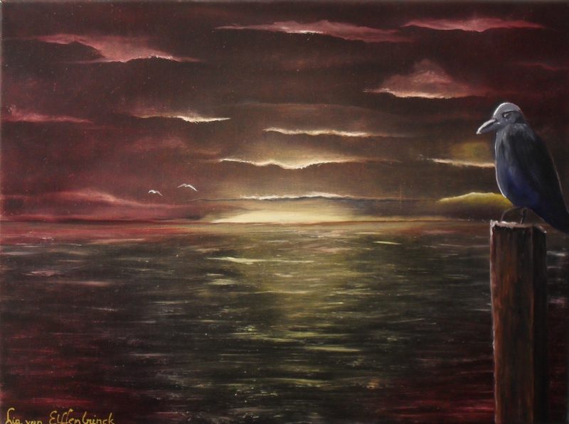 What does the crow think, at sunset or at sunrise the craw is sitting on a pole, looking at the sea in yellow and purple, oil painting on a black canvas 40x30cm. by Lia van Elffenbrinck