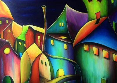 You are not alone. Fantasy painting of a village at night full of colours. The sky is dark blue and the yellow moon is shining on the weird lovely houses which are standing in the water. In most of the houses the light is on