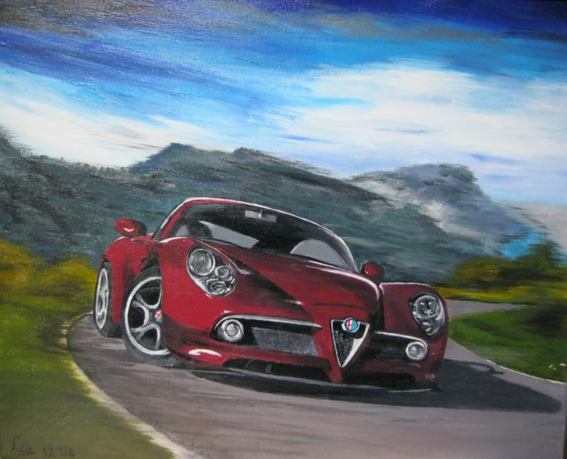 Alpha Romeo realistic painting of a red Alpha Romeo driving very fast on a curvy road in the mountains, canvas 40x30cm. by Lia van Elffenbrinck