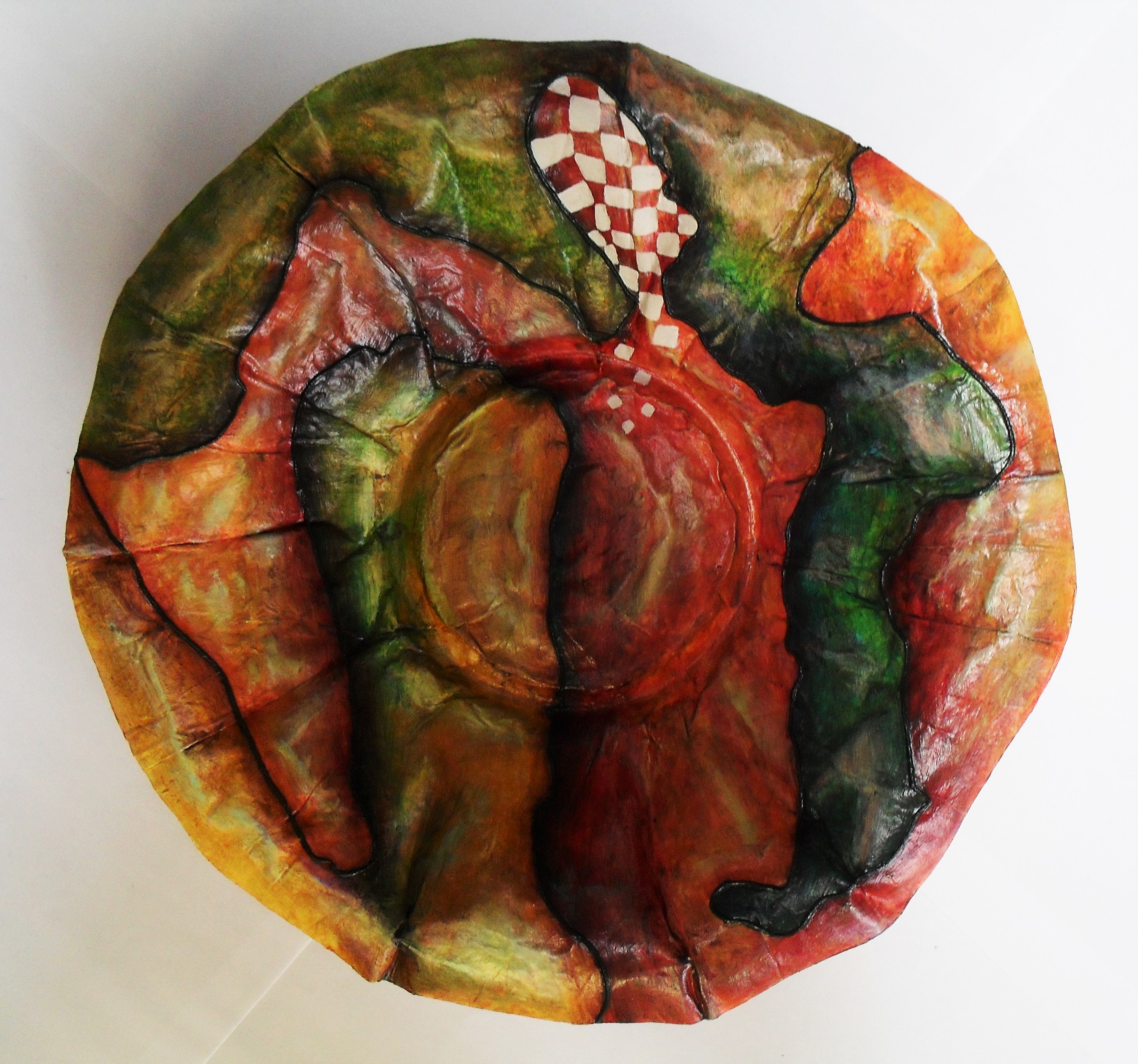Bowl made of paper mache, painted with acrylics, varnished with yacht varnish art and design by lia van Elffenbrinck
