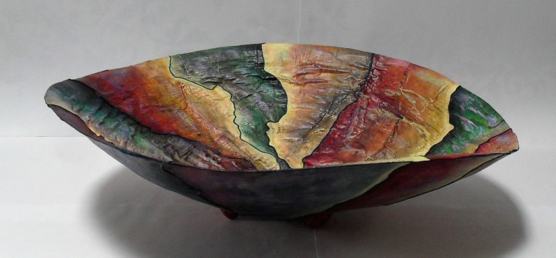 Bowl made of paper mache, painted with acrylics, varnished with yacht varnish art by lia van Elffenbrinck