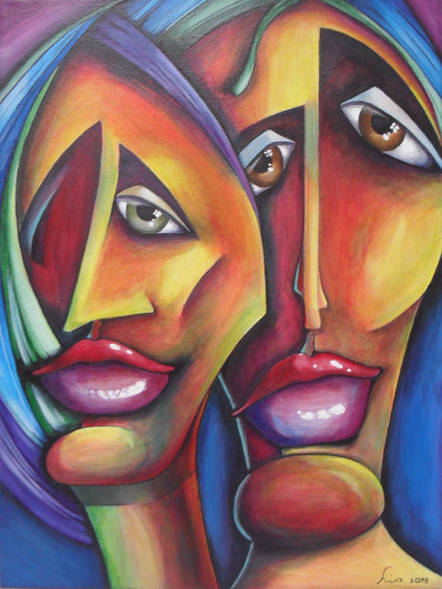 Two Women (Ode to Michael Lang) abstract painting of two female faces. The women are painted frontal, they are looking at you, very coloured as they are you will look back. They have sad facial expression as if they carry a hidden secret, canvas 40x50cm.