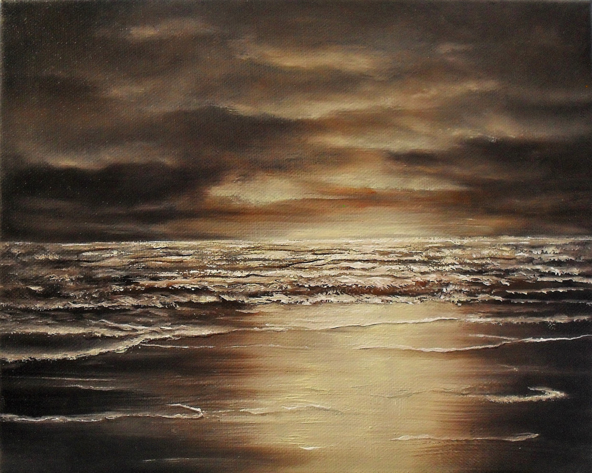 Bronze Light bounces off, oil painting on canvas, 30x24cm. Painted by Lia van Elffenbrinck, bronze sea. The waves are rolling towards you, standing on the beach at night