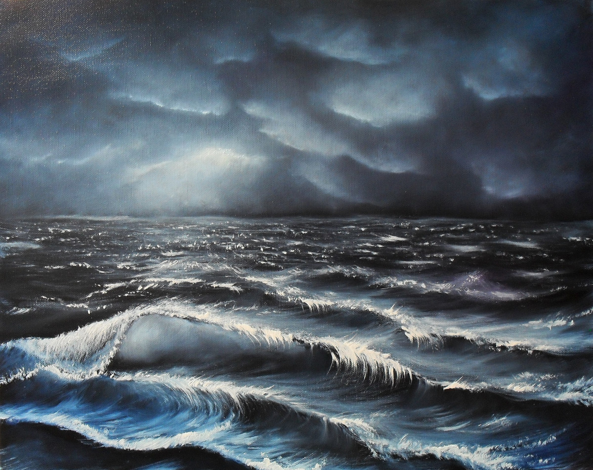 Flooding Clouds. Oil painting on black canvas of a boisterous ocean in blue, grey, purple and white. The waves are rolling towards you. The clouds are threatening. Canvas 50x40cm. by Lia van Elffenbrinck