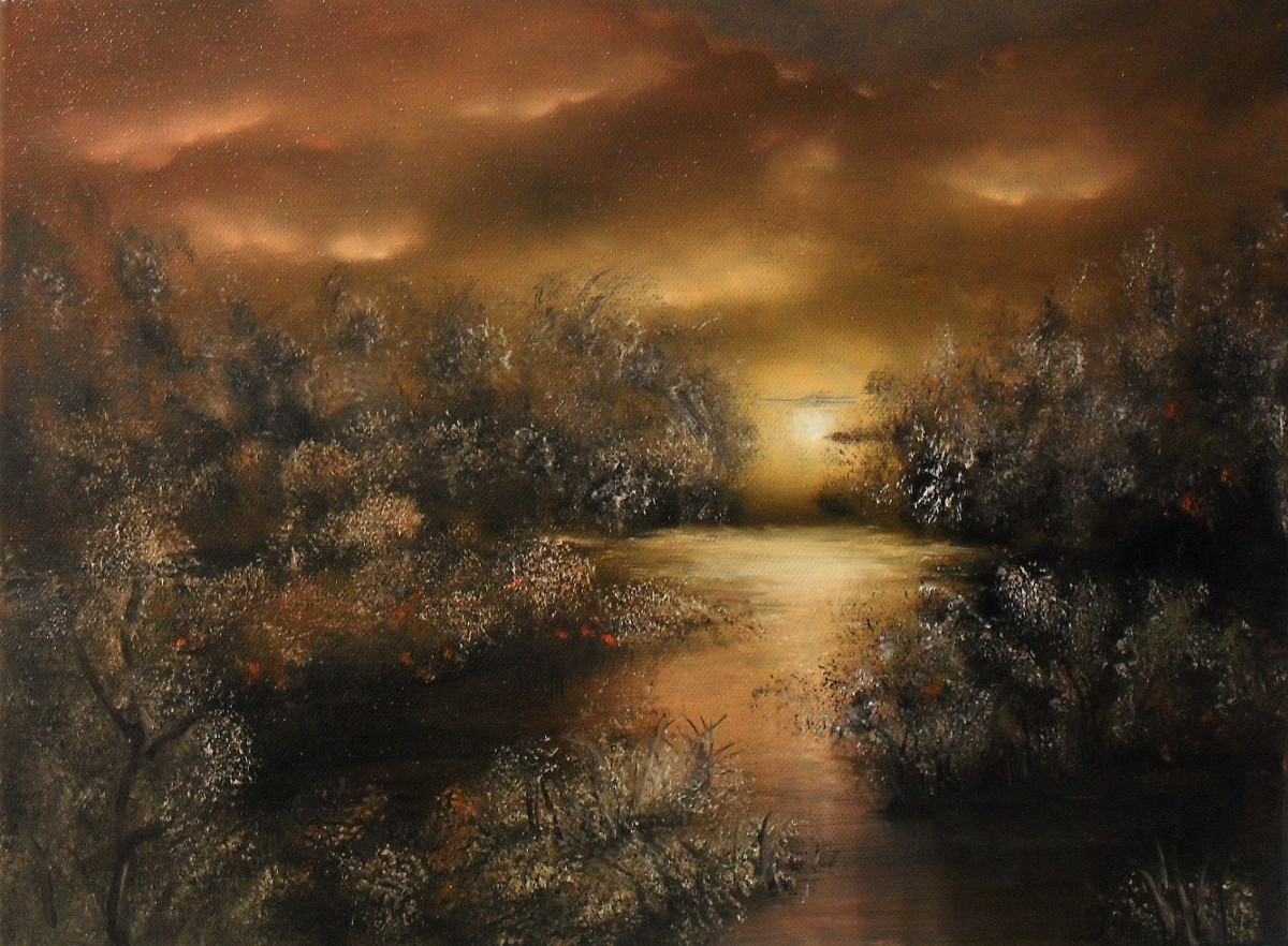Night Elegance. Oil painting about a little lake at night. The moon is shining towards you. It must be spring because the brown trees and bushes are blooming. The yellow orange light gives you a warm feeling. Canvas 40x30cm. by Lia van Elffenbrinck.