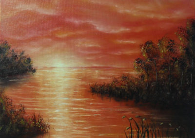 Red Emotion. Oil painting about a lake in orange and red lights at sunset. You can sea the silhouettes of some islands with bushes on it. In the front the buckwheat is blooming. Canvas 40x30cm. by Lia van Elffenbrinck