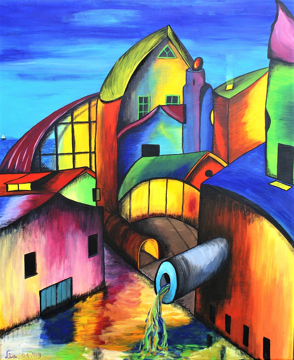Confused Village. Colourful city, painted with gouache on canvas 50x70cm.