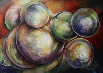 Loosing my Marbles. Abstract painting of lots of coloured marbles floating away. It seems as if they are in a weightless space. Acrylics on canvas, 70x50cm.