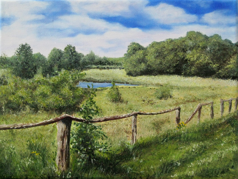 Oil painting of peaceful meadow landscape in northern Germany. Oil on canvas, 24x18 cm.