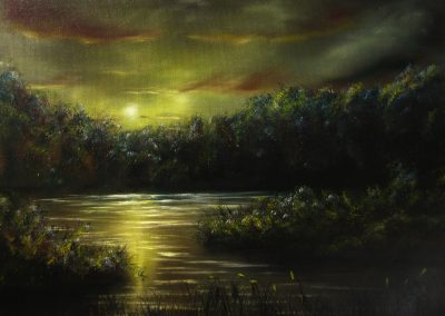 Nightfall. Oilpainting of a little lake or a swamp at night. The moon is shining on the water on the horizon you see trees. In the foreground some wool grass is growing. The colours are yellow blue and red