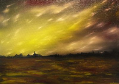In the Field. Oil painting in the colours brown yellow and purple of a little village in the distance. In the sky you see meteorites which gives this painting a surreal effect.