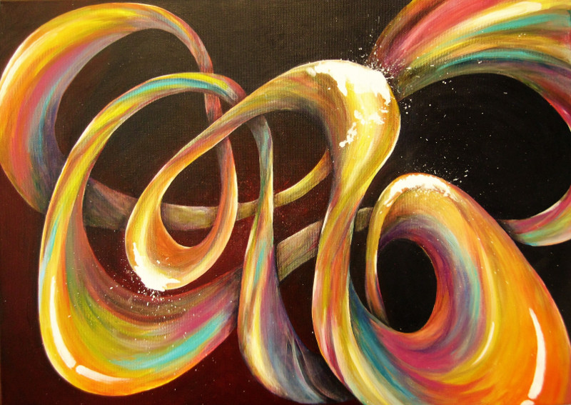Painting of a colourful infinite loop in front of a very dark background with dark blue and dark red, called: To Infinity and Beyond. Acrylic painting on canvas 70x50cm.