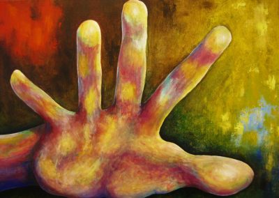 Stop! Acrylic painting of a hand gesturing to stop. It is a pastel colourful hand in yellow and pink in front of a brightly coloured background in red and yellowon canvas 70x50cm.