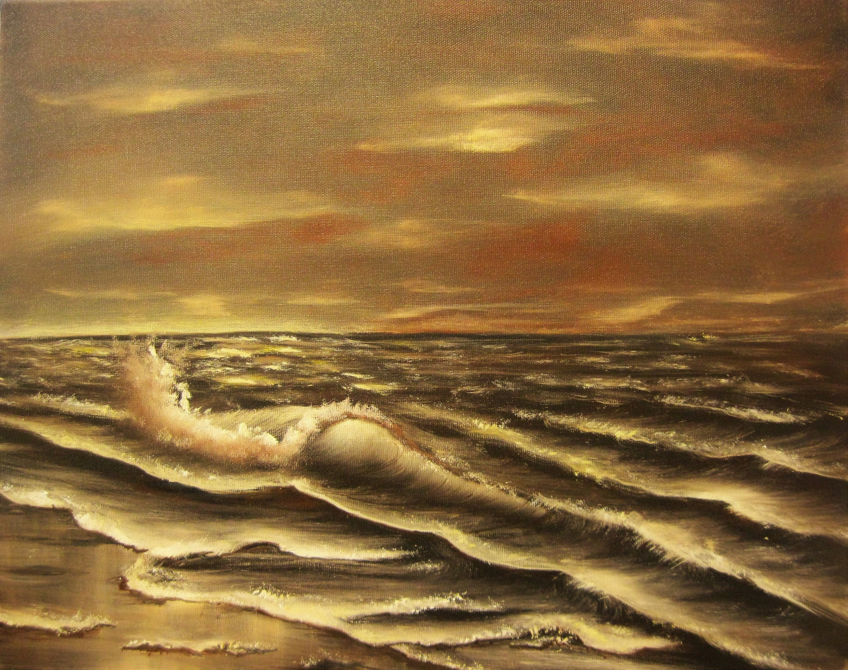 Waves. Oil painting of the beach. You see the water and the sand in the colours brown, beige and ocker.