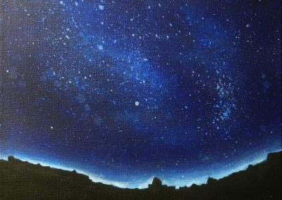 Blue Night acrylic painting of a dark night with stars. In the foreground you can sea the silhouette of a black town on canvas 20x20cm.