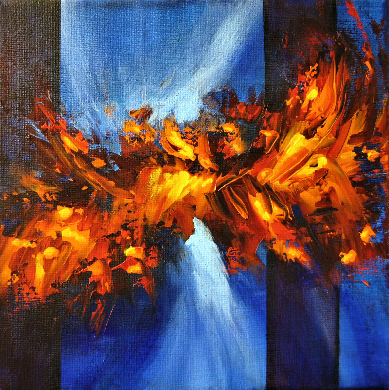 Fire and Ice abstract painting of orange splashes on a blue background with vertical lines on canvas 20x20cm.