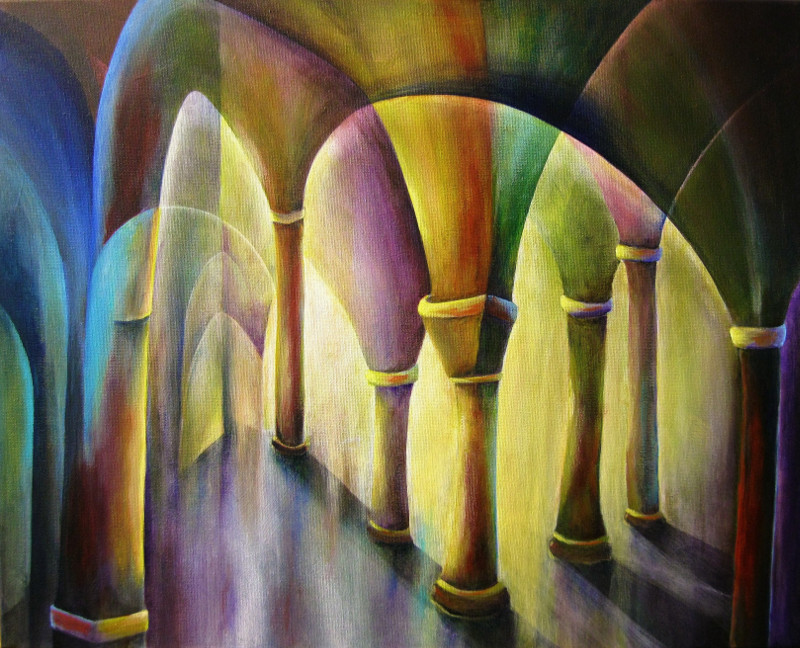 Colourful semi-abstract painting of Pillars with light behind them. Painting on canvas 50x40cm.
