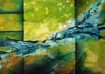 Spirit abstract painting of blue splashes on a green background with vertical and horizontal lines on canvas 24x18cm