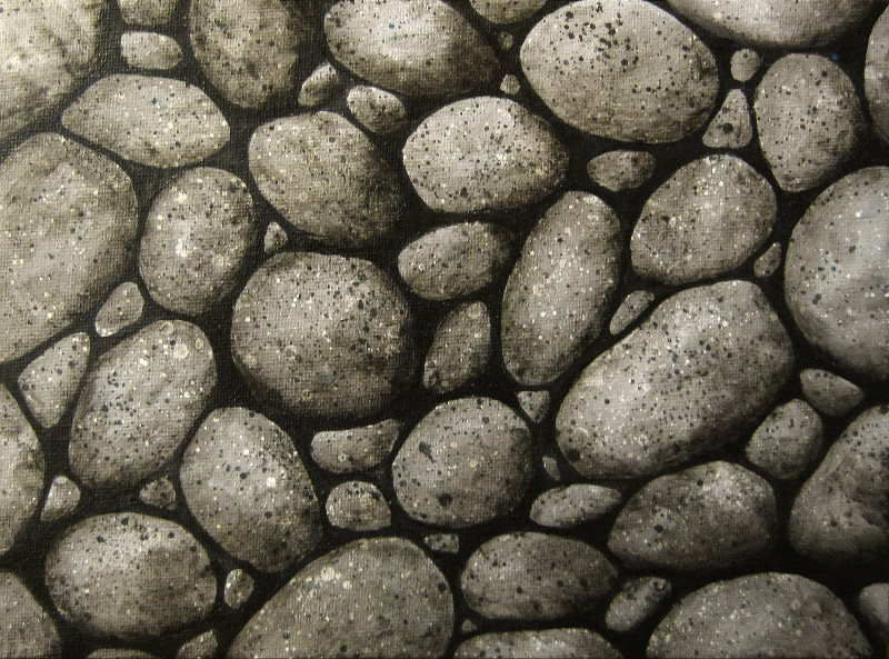 Stones, grey acrylic painting of realistic stones on canvas 24x18cm.