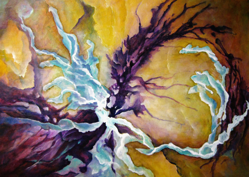 Swirl, acrylic painting of violet and light blue splashes on an ocker background canvas 70x50cm.