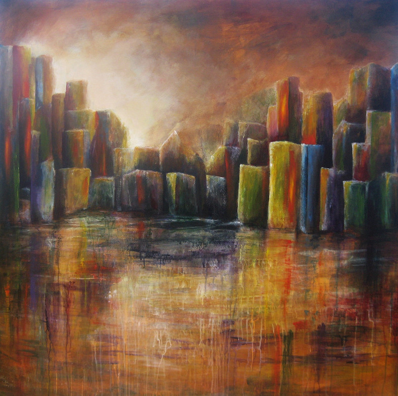 The Colorfield Shadows abstract painting of a colourful city at the waterside on wood 120x120cm.